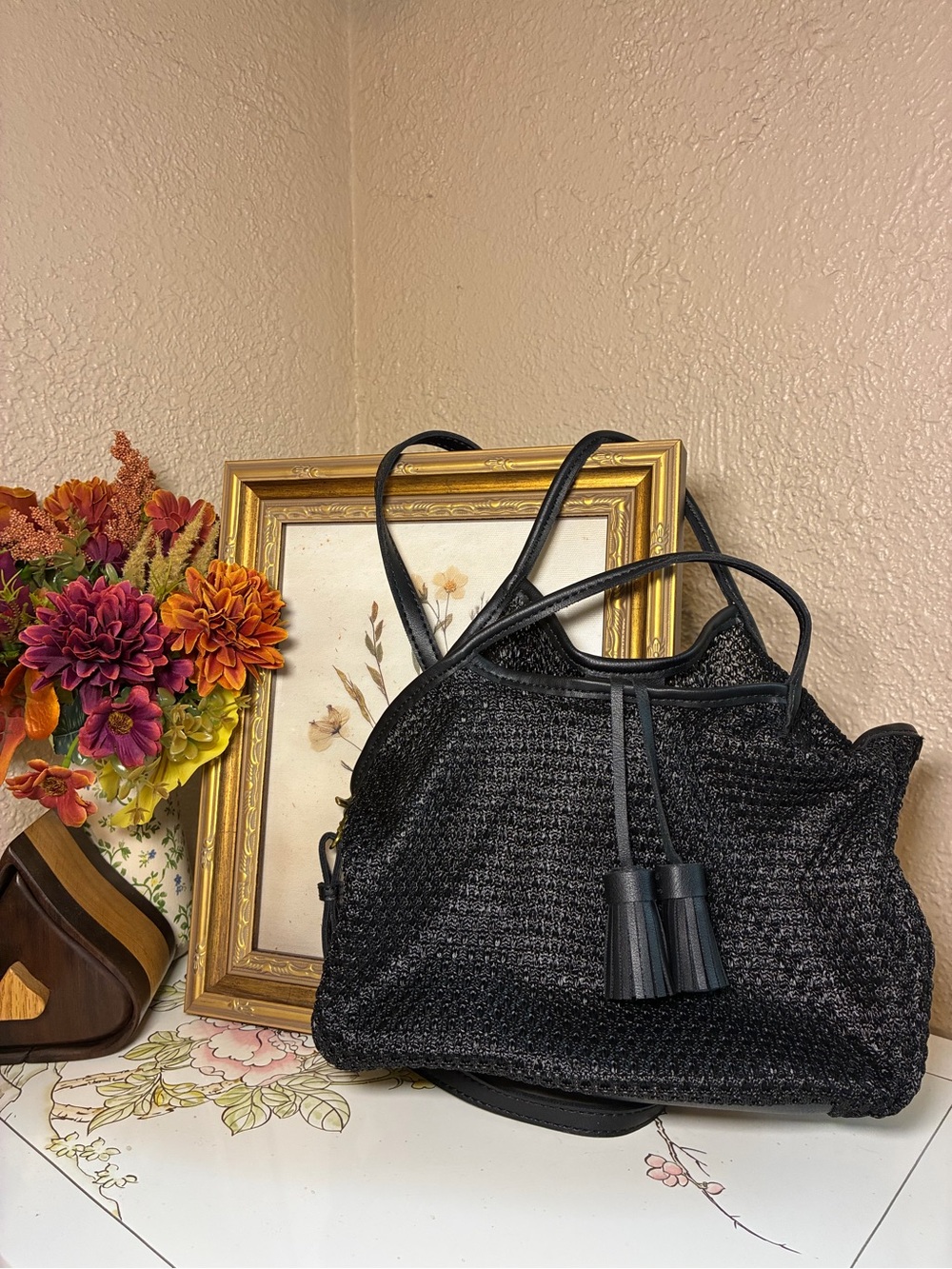 Grace Roberts New York Black Woven Mesh Leather Tote Shoulder Bag Tassels